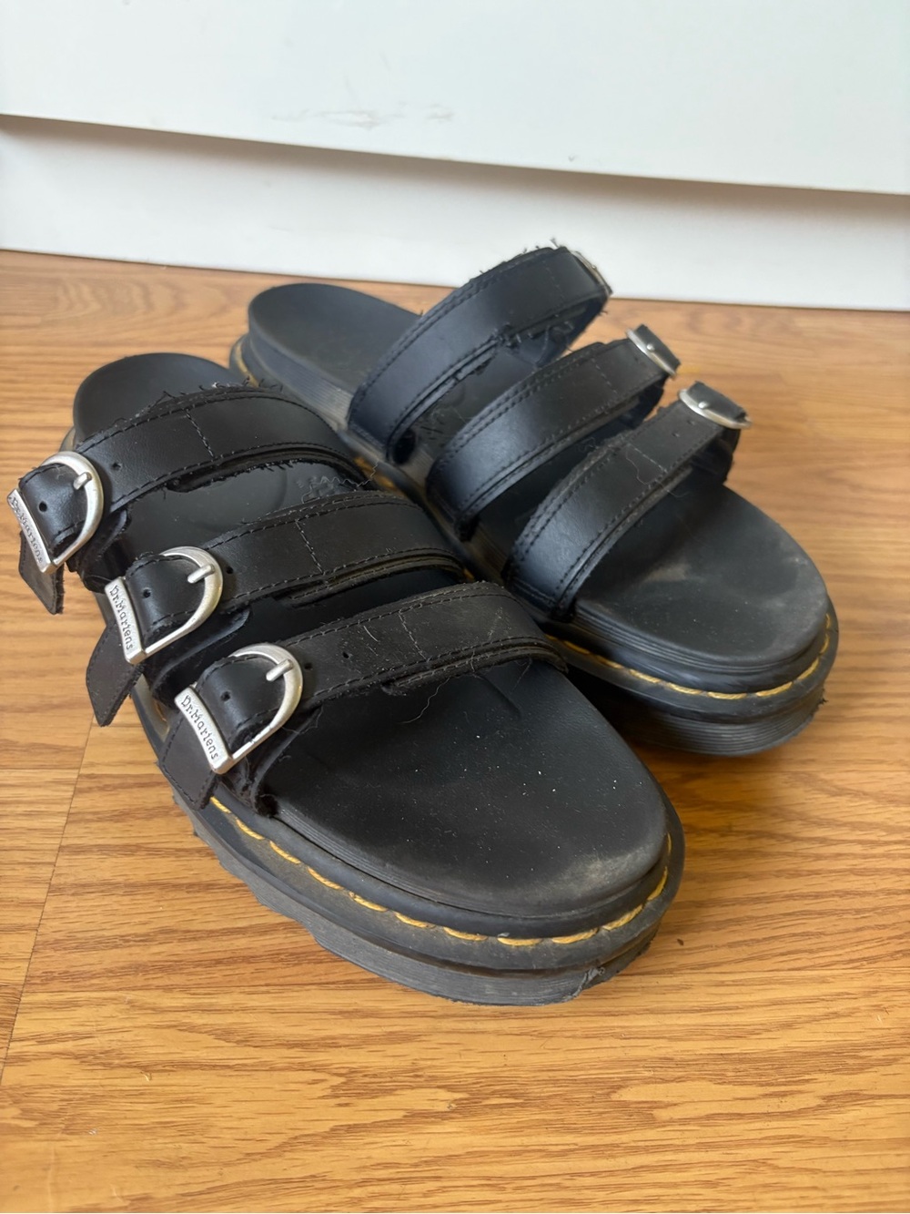Dr. Martens Black Triple-Buckle Platform Slide Sandals